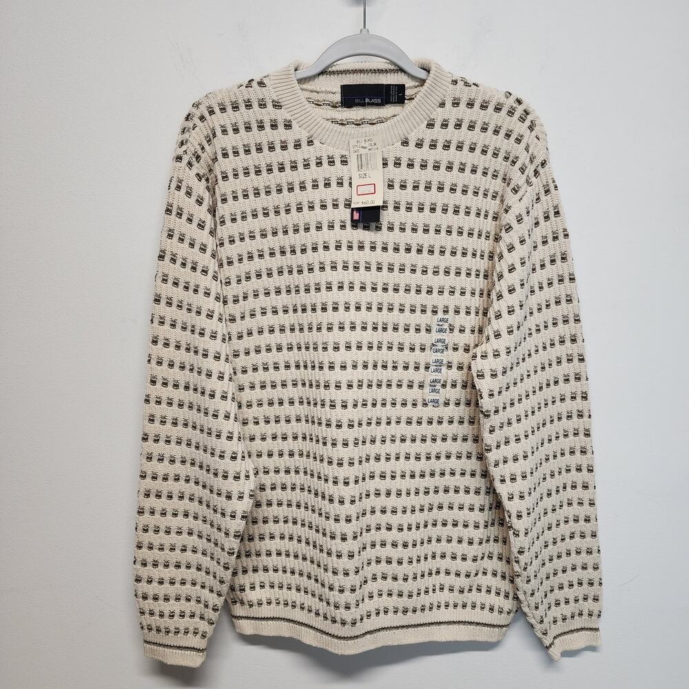 Vintage Bill Blass Chunky Knit Dad Sweater Mens L Cream Geo Crewneck Grandpacore